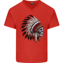 Indian Skull Headdress Biker Motorbike Mens V-Neck Cotton T-Shirt Red