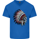 Indian Skull Headdress Biker Motorbike Mens V-Neck Cotton T-Shirt Royal Blue