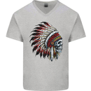 Indian Skull Headdress Biker Motorbike Mens V-Neck Cotton T-Shirt Sports Grey