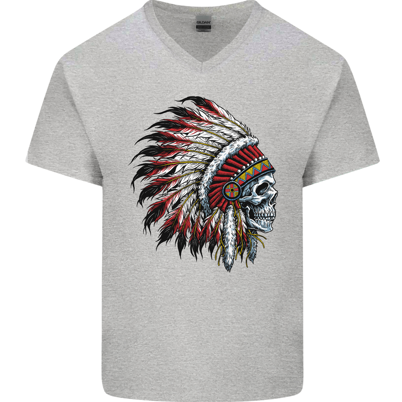 Indian Skull Headdress Biker Motorbike Mens V-Neck Cotton T-Shirt Sports Grey