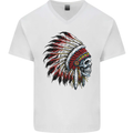 Indian Skull Headdress Biker Motorbike Mens V-Neck Cotton T-Shirt White