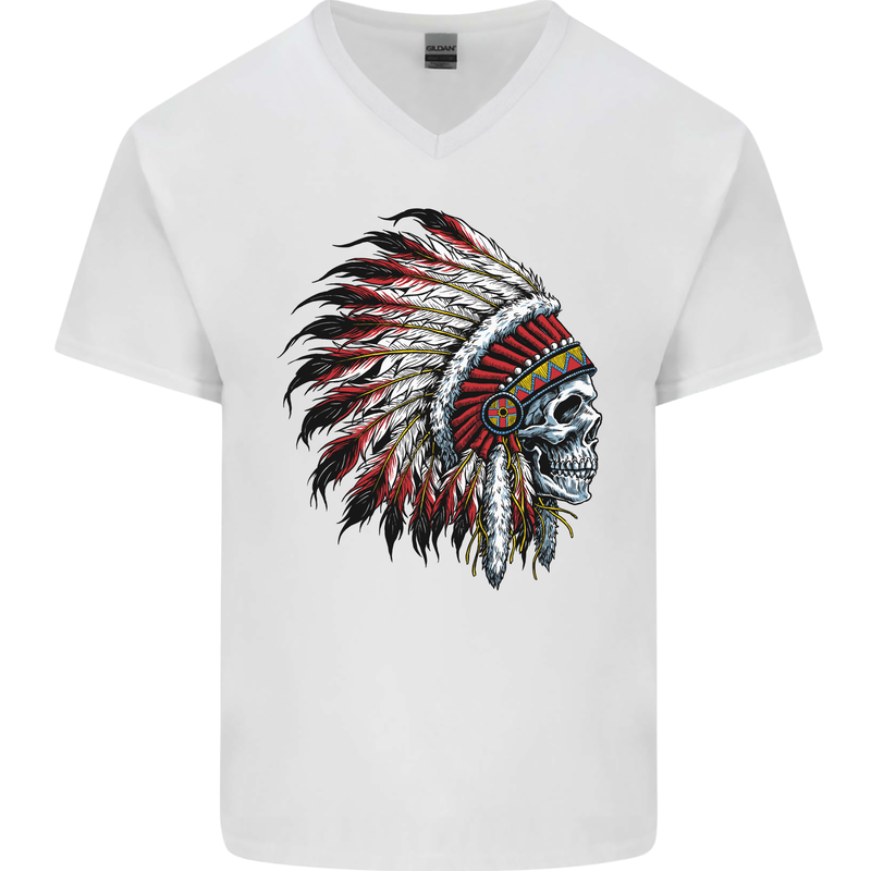 Indian Skull Headdress Biker Motorbike Mens V-Neck Cotton T-Shirt White