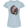 Indian Skull Headdress Biker Motorbike Womens Petite Cut T-Shirt Light Blue