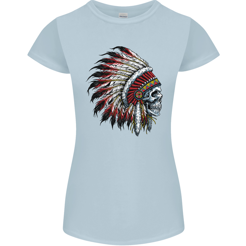 Indian Skull Headdress Biker Motorbike Womens Petite Cut T-Shirt Light Blue