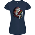 Indian Skull Headdress Biker Motorbike Womens Petite Cut T-Shirt Navy Blue