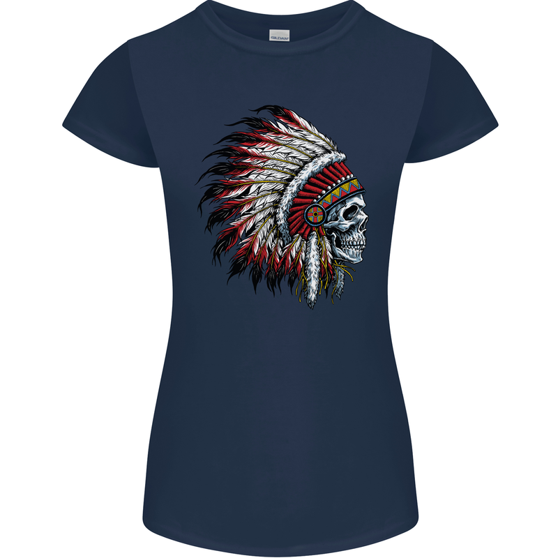 Indian Skull Headdress Biker Motorbike Womens Petite Cut T-Shirt Navy Blue
