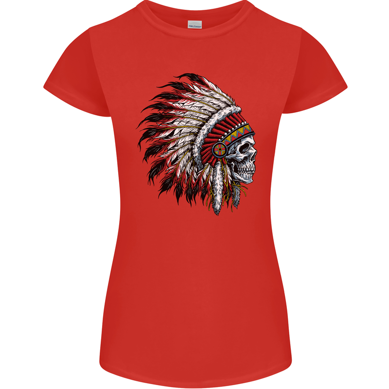 Indian Skull Headdress Biker Motorbike Womens Petite Cut T-Shirt Red