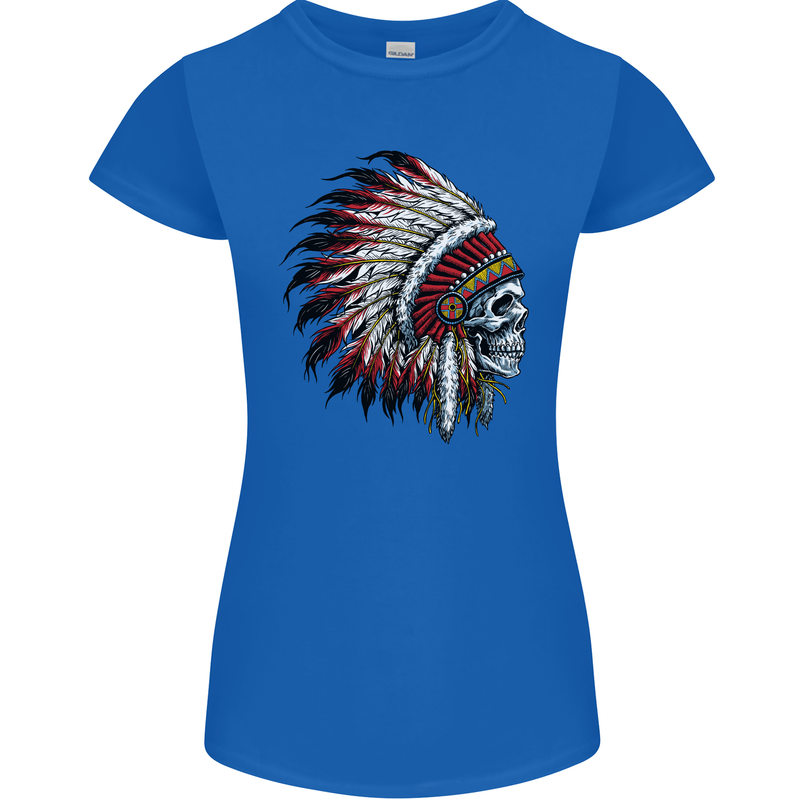 Indian Skull Headdress Biker Motorbike Womens Petite Cut T-Shirt Royal Blue