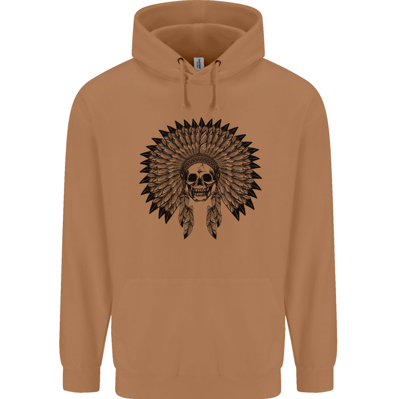 Indian Skull Headdress Biker Motorcycle Mens 80% Cotton Hoodie Caramel Latte