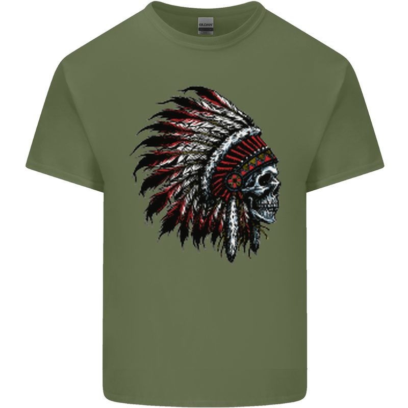 Indian Skull Headdress Biker Motorcycle Mens Cotton T-Shirt Tee Top Military Green