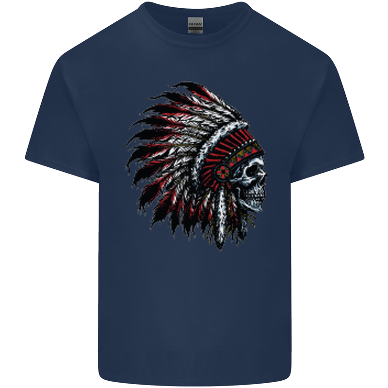 Indian Skull Headdress Biker Motorcycle Mens Cotton T-Shirt Tee Top Navy Blue