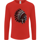 Indian Skull Headdress Biker Motorcycle Mens Long Sleeve T-Shirt Red