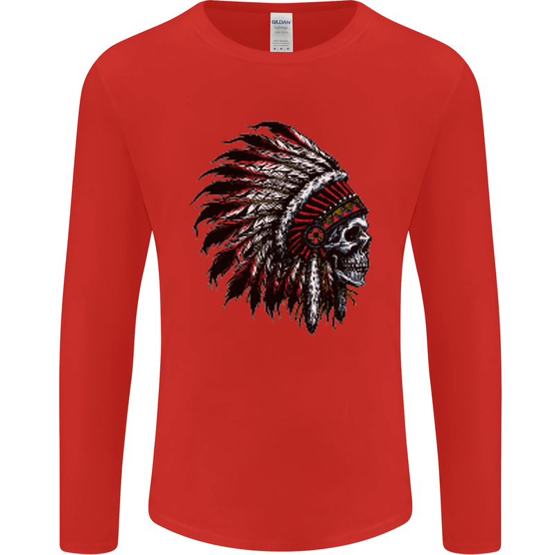 Indian Skull Headdress Biker Motorcycle Mens Long Sleeve T-Shirt Red