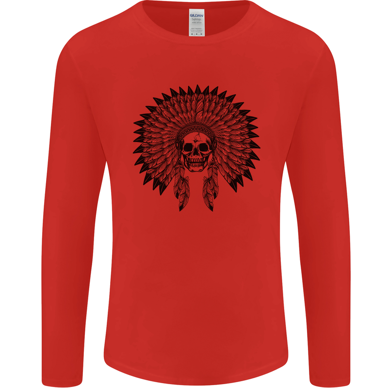 Indian Skull Headdress Biker Motorcycle Mens Long Sleeve T-Shirt Red