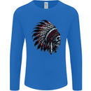 Indian Skull Headdress Biker Motorcycle Mens Long Sleeve T-Shirt Royal Blue