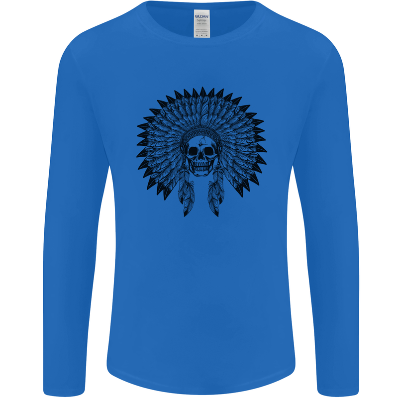Indian Skull Headdress Biker Motorcycle Mens Long Sleeve T-Shirt Royal Blue