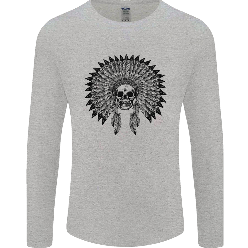 Indian Skull Headdress Biker Motorcycle Mens Long Sleeve T-Shirt Sports Grey