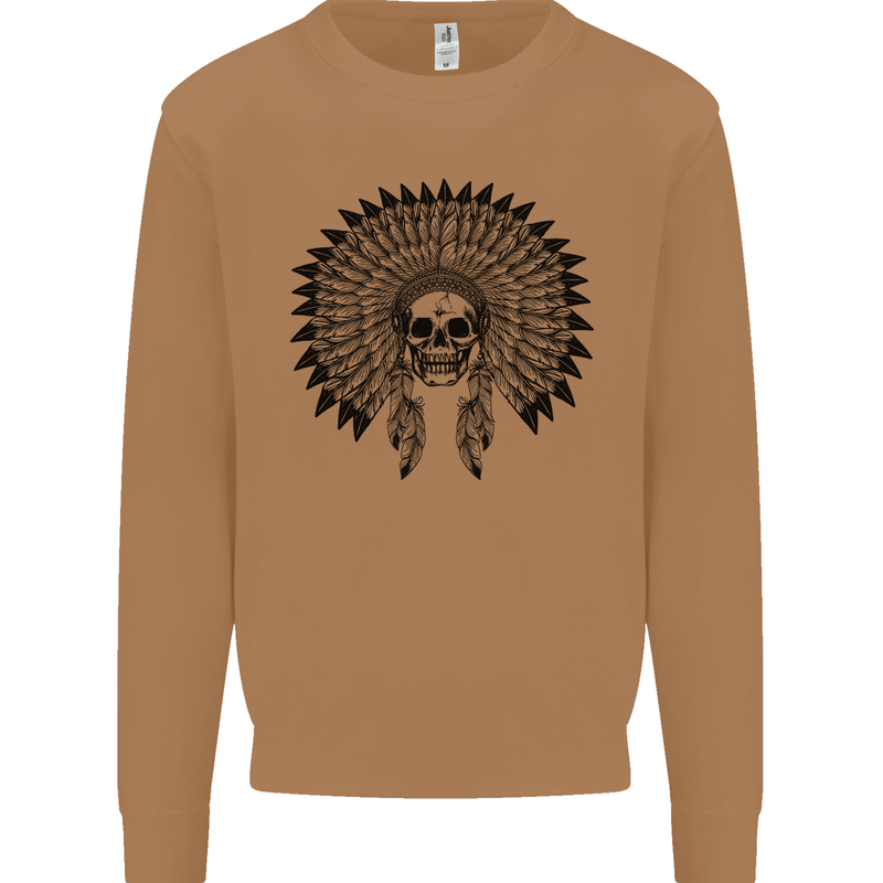 Indian Skull Headdress Biker Motorcycle Mens Sweatshirt Jumper Caramel Latte