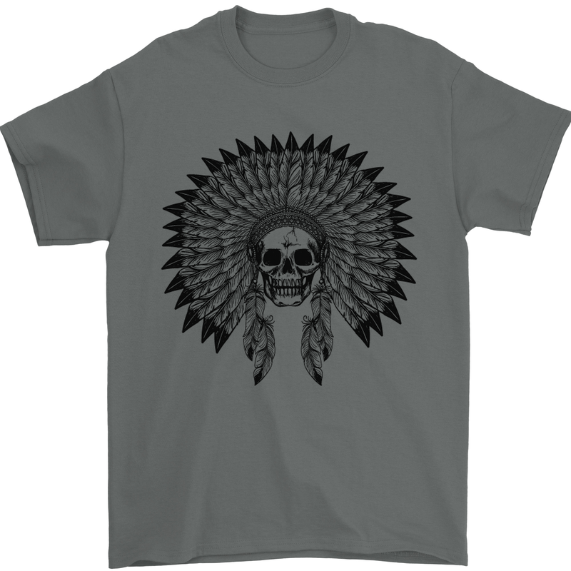 Indian Skull Headdress Biker Motorcycle Mens T-Shirt Cotton Gildan Charcoal