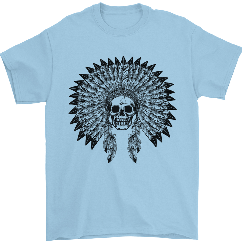 Indian Skull Headdress Biker Motorcycle Mens T-Shirt Cotton Gildan Light Blue