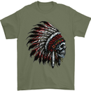 Indian Skull Headdress Biker Motorcycle Mens T-Shirt Cotton Gildan Military Green