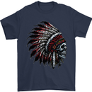 Indian Skull Headdress Biker Motorcycle Mens T-Shirt Cotton Gildan Navy Blue