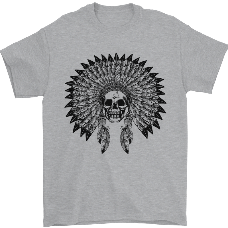 Indian Skull Headdress Biker Motorcycle Mens T-Shirt Cotton Gildan Sports Grey