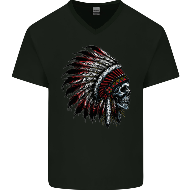 Indian Skull Headdress Biker Motorcycle Mens V-Neck Cotton T-Shirt Black
