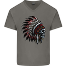 Indian Skull Headdress Biker Motorcycle Mens V-Neck Cotton T-Shirt Charcoal