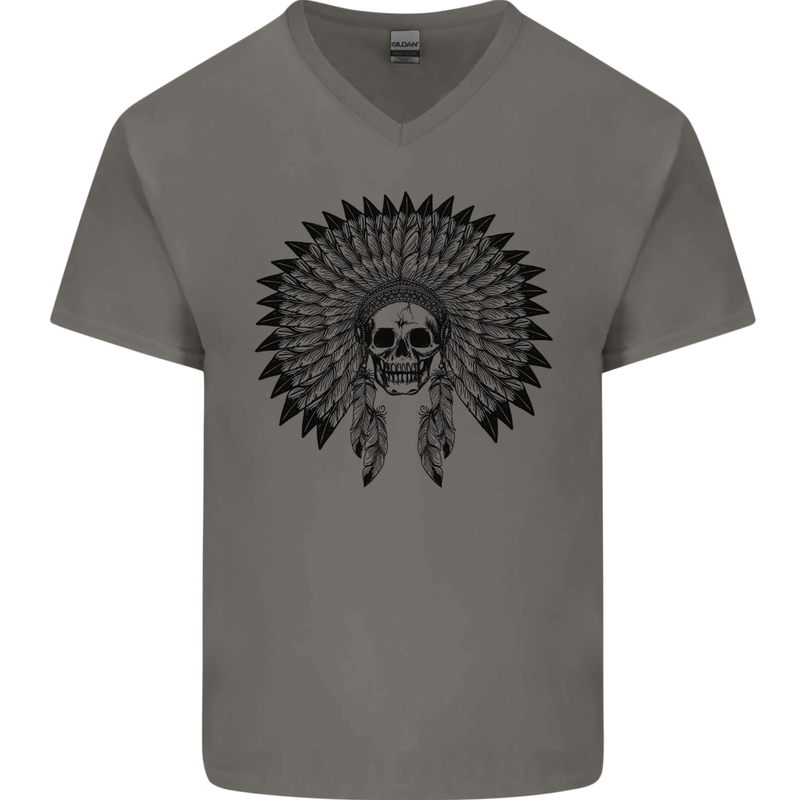 Indian Skull Headdress Biker Motorcycle Mens V-Neck Cotton T-Shirt Charcoal