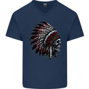 Indian Skull Headdress Biker Motorcycle Mens V-Neck Cotton T-Shirt Navy Blue
