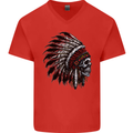 Indian Skull Headdress Biker Motorcycle Mens V-Neck Cotton T-Shirt Red