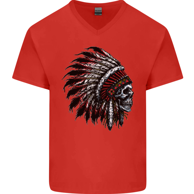 Indian Skull Headdress Biker Motorcycle Mens V-Neck Cotton T-Shirt Red