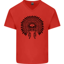 Indian Skull Headdress Biker Motorcycle Mens V-Neck Cotton T-Shirt Red