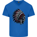 Indian Skull Headdress Biker Motorcycle Mens V-Neck Cotton T-Shirt Royal Blue