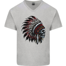 Indian Skull Headdress Biker Motorcycle Mens V-Neck Cotton T-Shirt Sports Grey