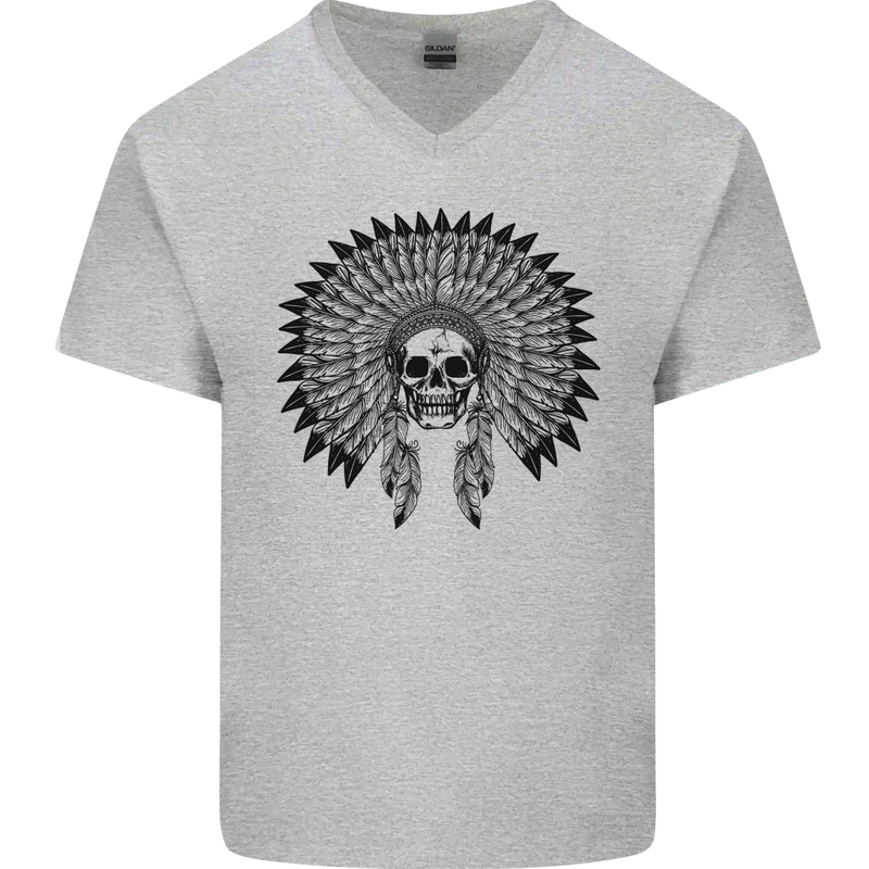 Indian Skull Headdress Biker Motorcycle Mens V-Neck Cotton T-Shirt Sports Grey