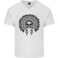 Indian Skull Headdress Biker Motorcycle Mens V-Neck Cotton T-Shirt White