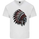 Indian Skull Headdress Biker Motorcycle Mens V-Neck Cotton T-Shirt White