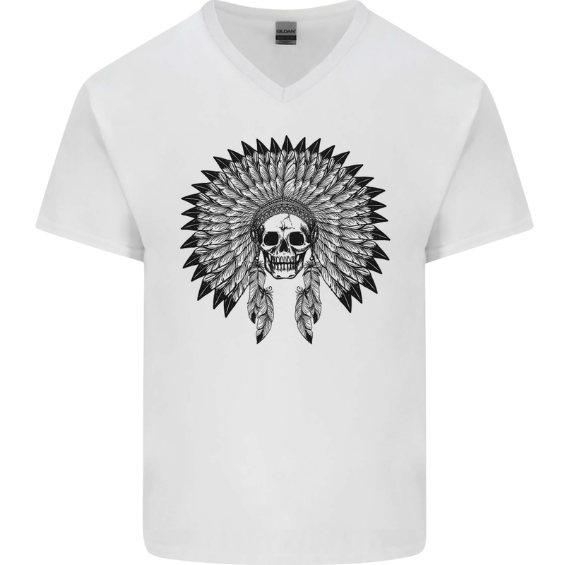 Indian Skull Headdress Biker Motorcycle Mens V-Neck Cotton T-Shirt White