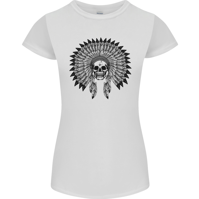 Indian Skull Headdress Biker Motorcycle Womens Petite Cut T-Shirt White