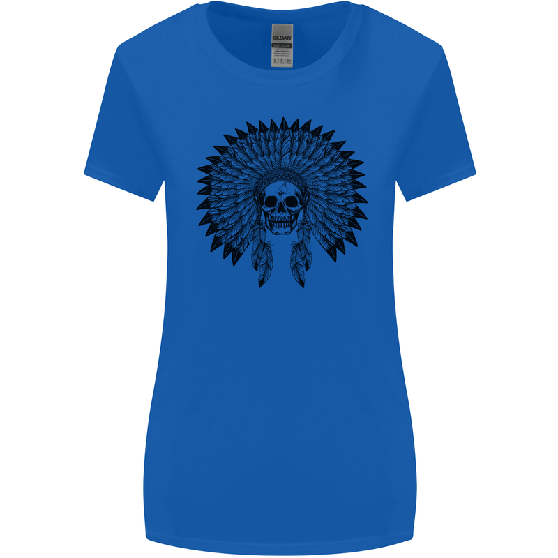 Indian Skull Headdress Biker Motorcycle Womens Wider Cut T-Shirt Royal Blue