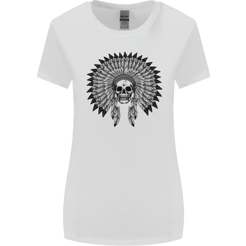 Indian Skull Headdress Biker Motorcycle Womens Wider Cut T-Shirt White