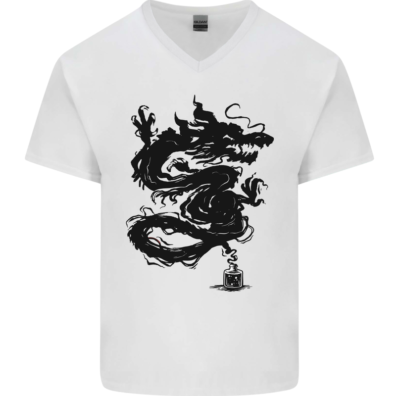 Ink Dragon Tattoo Mens V-Neck Cotton T-Shirt White