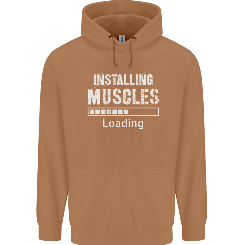Installing Muscles Loading Gym Training Top Mens 80% Cotton Hoodie Caramel Latte
