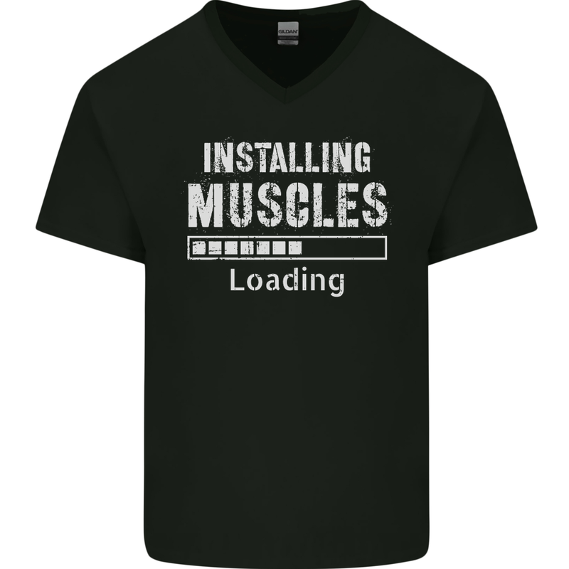 Installing Muscles Loading Gym Training Top Mens V-Neck Cotton T-Shirt Black