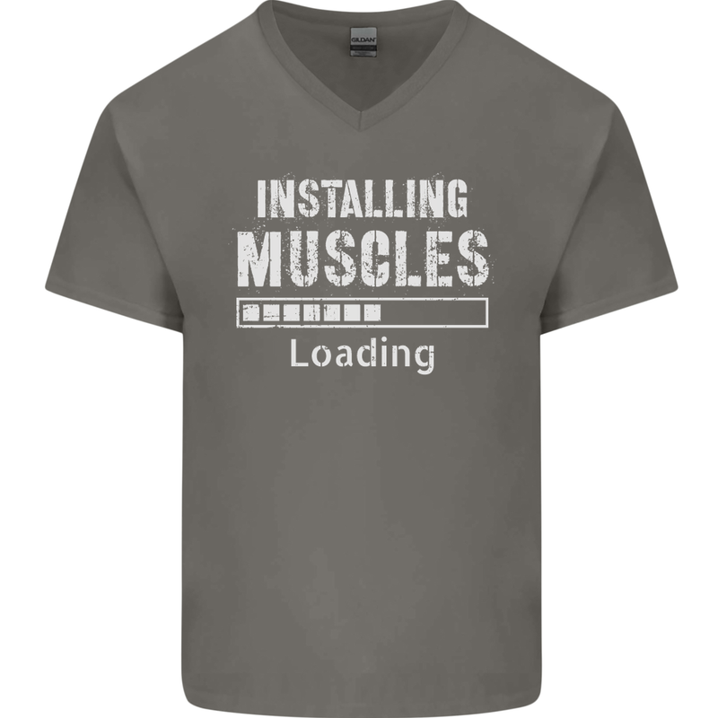 Installing Muscles Loading Gym Training Top Mens V-Neck Cotton T-Shirt Charcoal