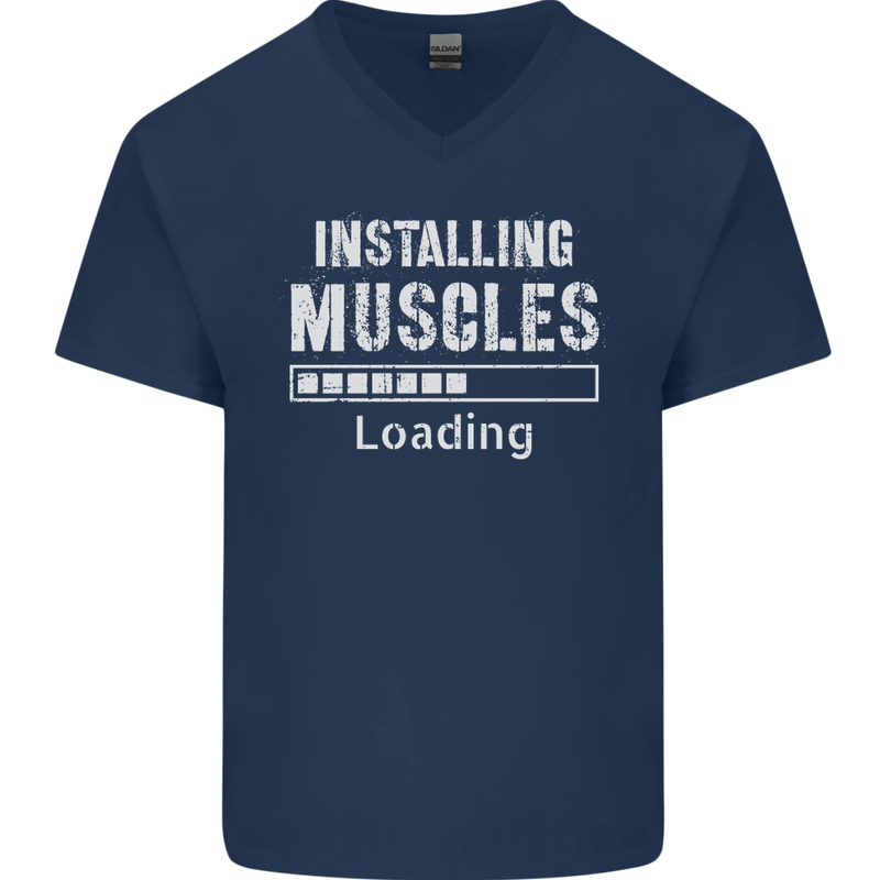Installing Muscles Loading Gym Training Top Mens V-Neck Cotton T-Shirt Navy Blue