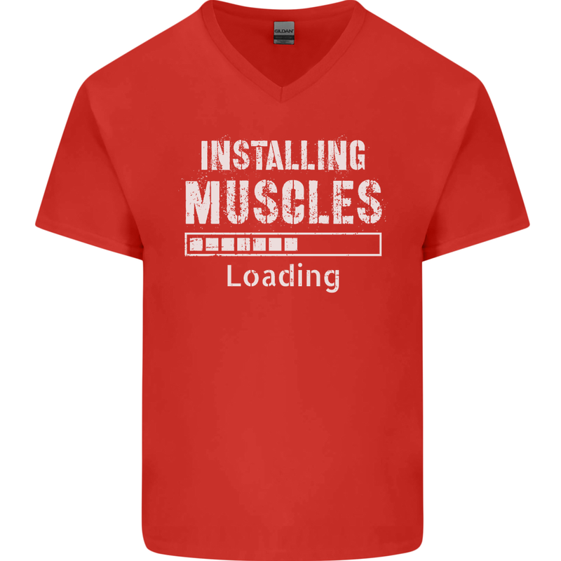Installing Muscles Loading Gym Training Top Mens V-Neck Cotton T-Shirt Red