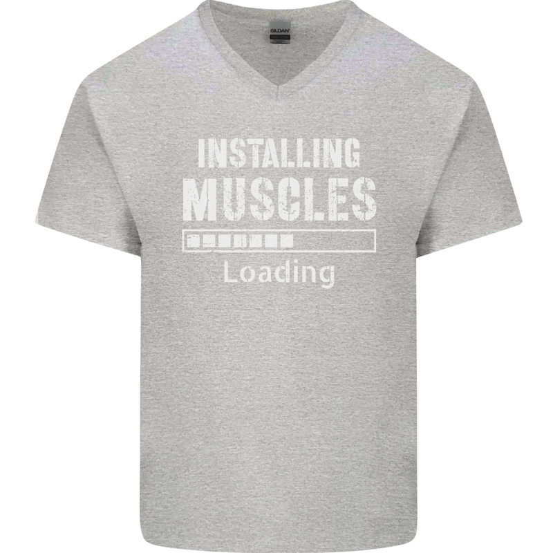 Installing Muscles Loading Gym Training Top Mens V-Neck Cotton T-Shirt Sports Grey